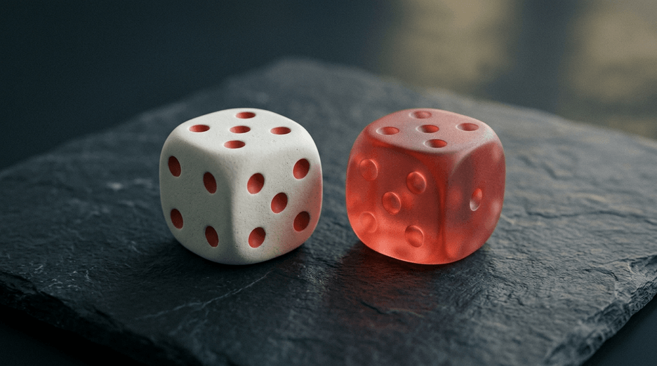 Two generated chalk-white dice with dark pips.