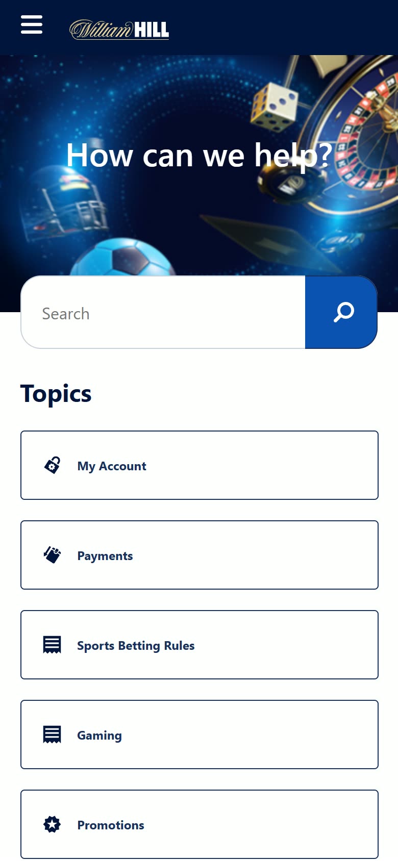 William Hill Casino Payments and help as served to a logged-out mobile visitor on 2026-09-20; unaltered screenshot