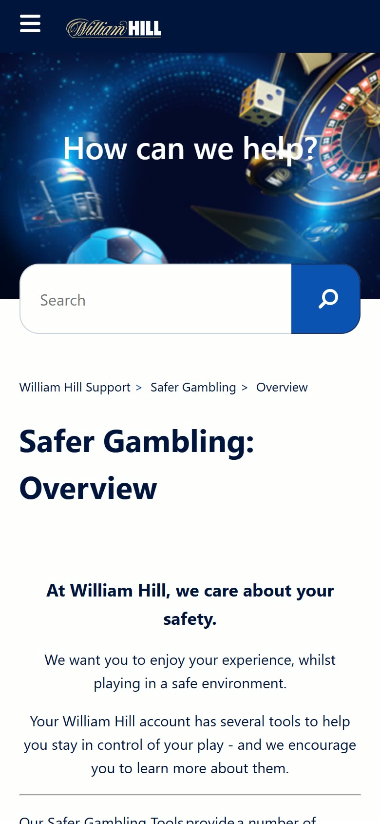 William Hill Casino Safer-gambling tools as served to a logged-out mobile visitor on 2026-09-20; unaltered screenshot